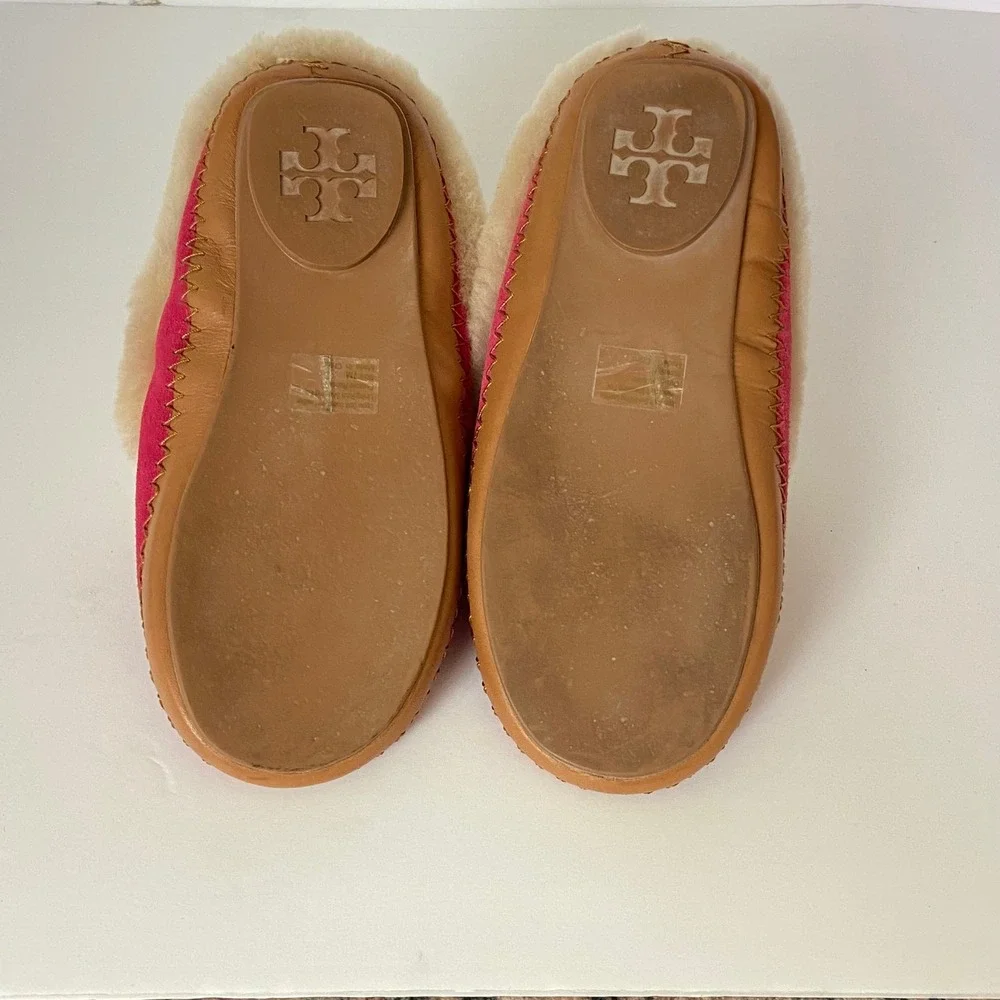 Tory Burch Pink Suede Shearling Lined Slippers Double T Logo Size 7M